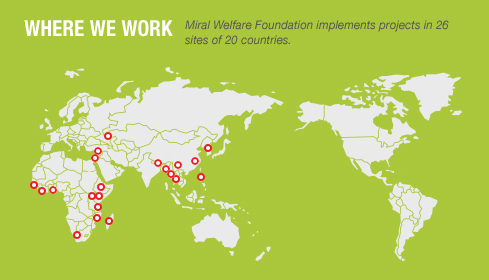 Where we work - Miral Welfare Foundation implements projects in 26 sites of 20 countries. 