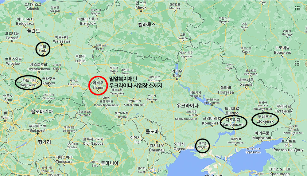 밀알복지재단 1차 난민지원사업 실시 지역(출처: 구글 맵)